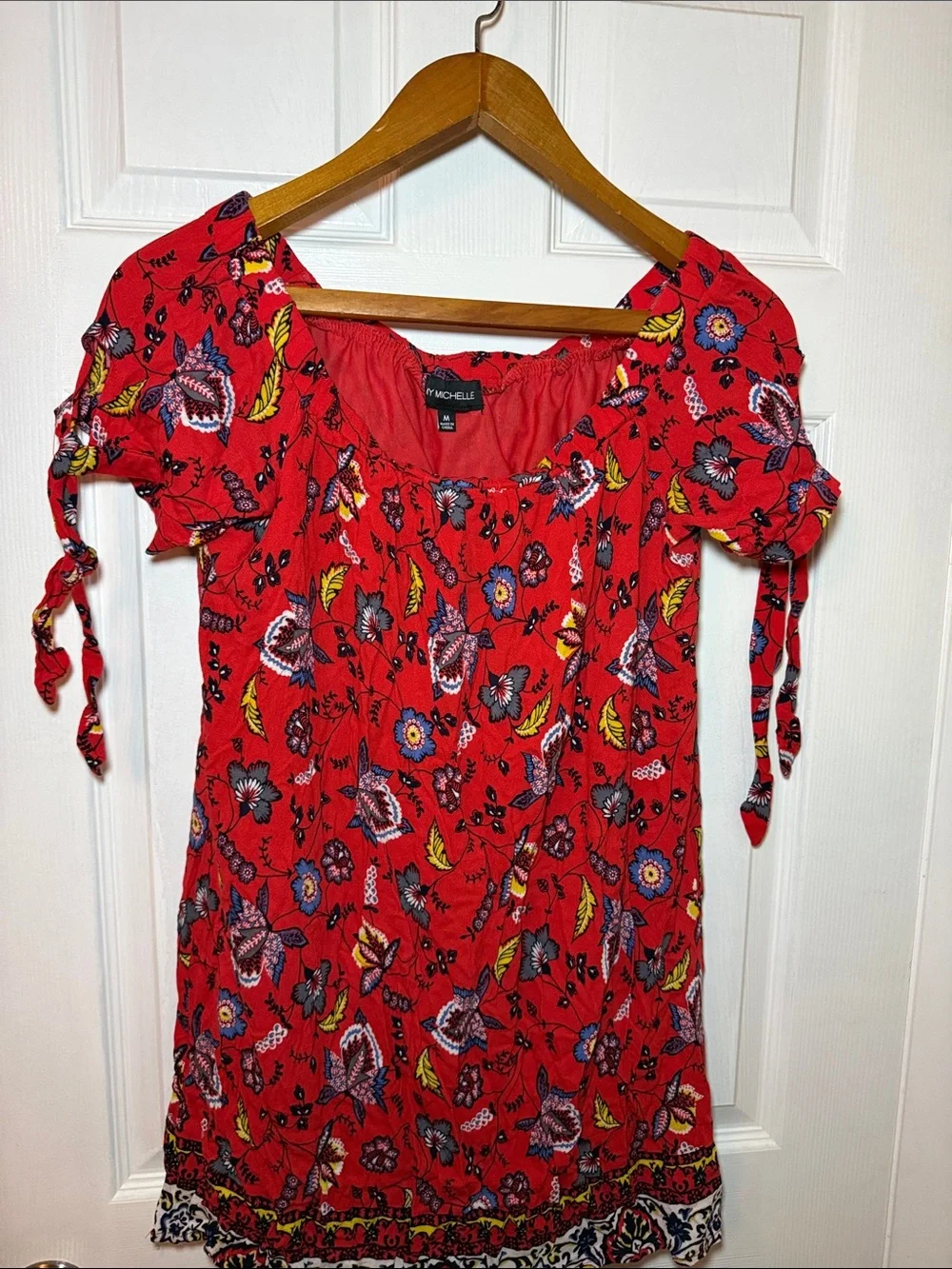 My Michele Floral Off Shoulder Top Tie Sleeve Boho Blouse Size Medium